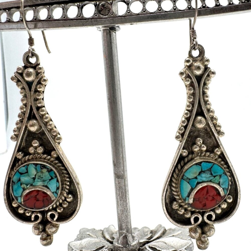 Tibetan Silver Plated Brass Earrings With Turquoise & Coral Gemstones